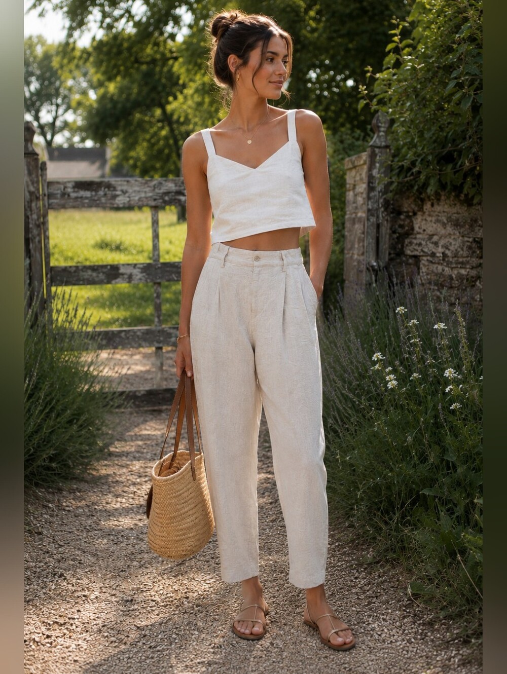 High-Rise Linen-Blend Chinos in Cream